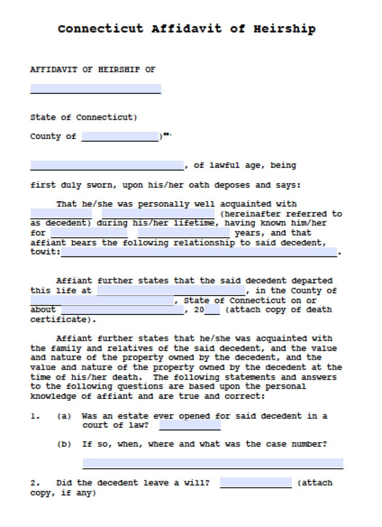 Free Connecticut Affidavit Of Heirship Form PDF Word