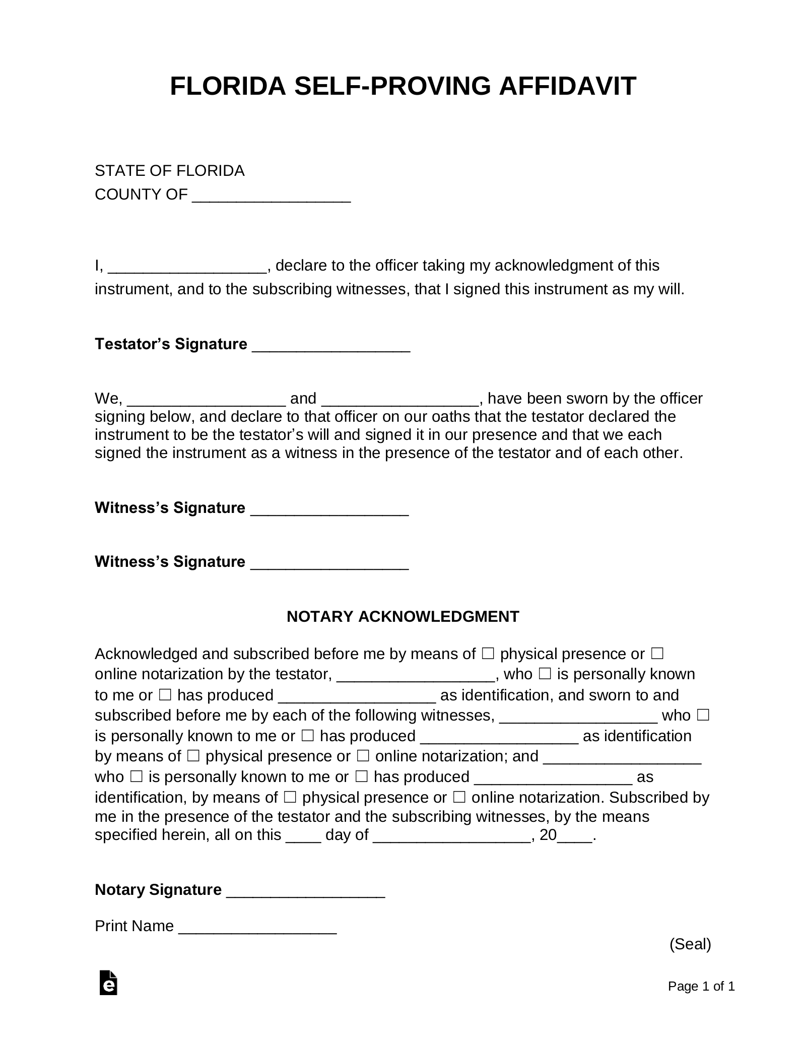 Free Florida Self Proving Affidavit Form PDF Word EForms