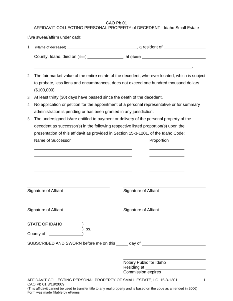 Free Idaho Small Estate Affidavit Form CAO Pb 01 PDF EForms