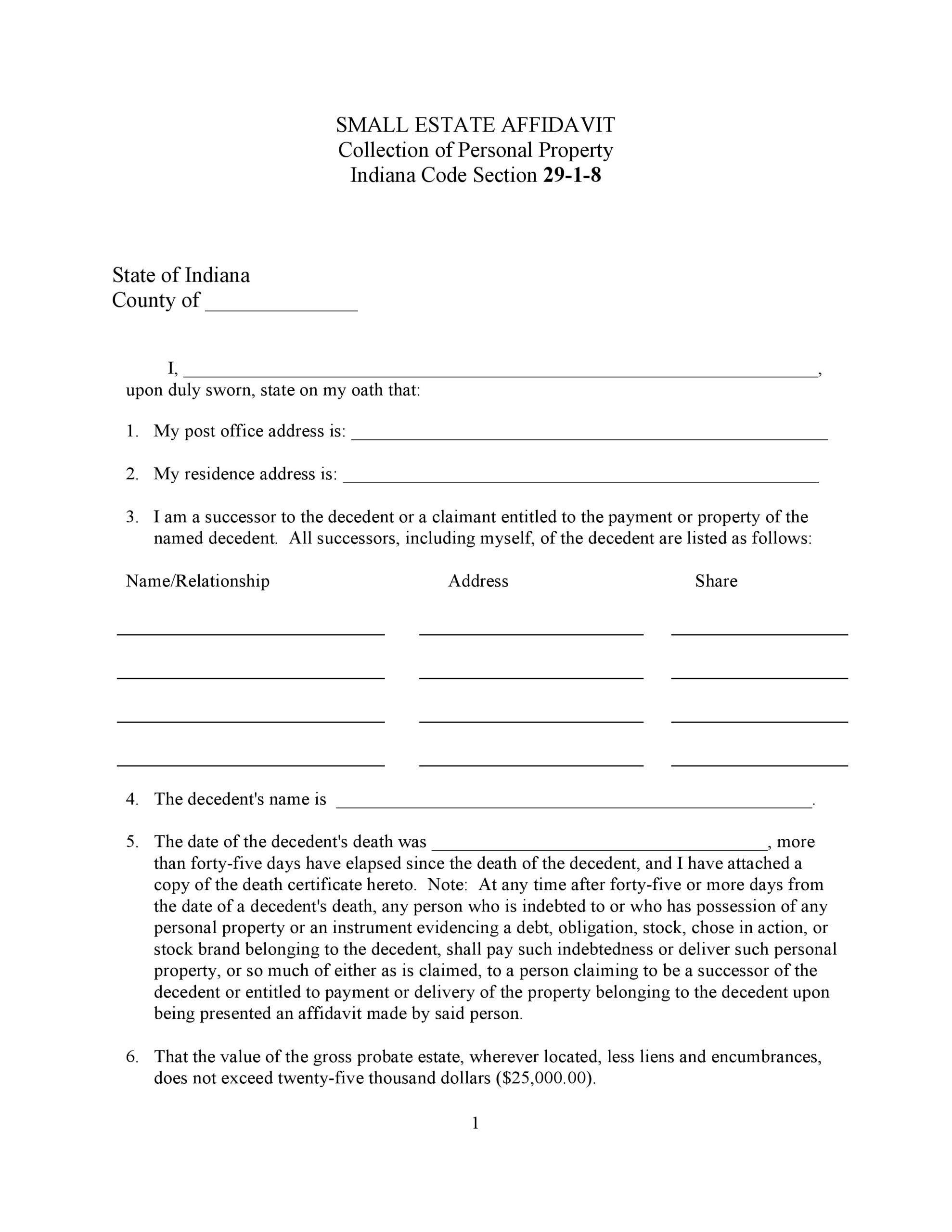 Free Indiana Small Estate Affidavit Form PDF Word Template