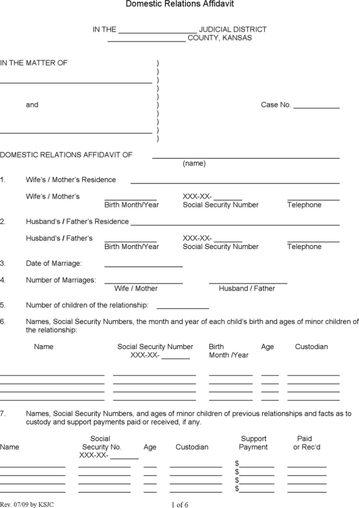 Free Kansas Domestic Relations Affidavit Form PDF 212KB 6 Page s 