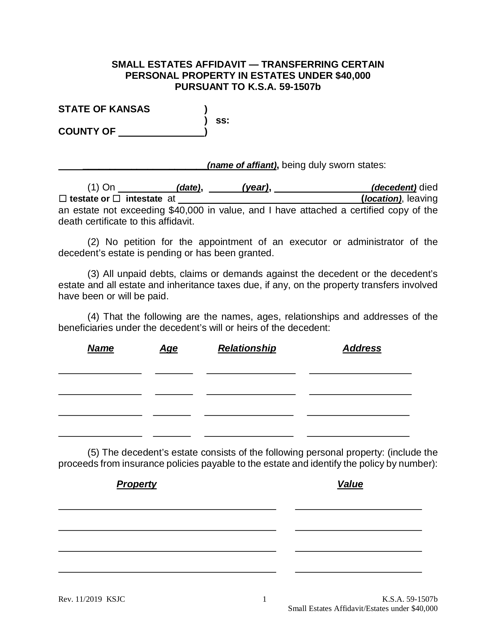 Free Kansas Small Estate Affidavit Form Affidavit Transferring 