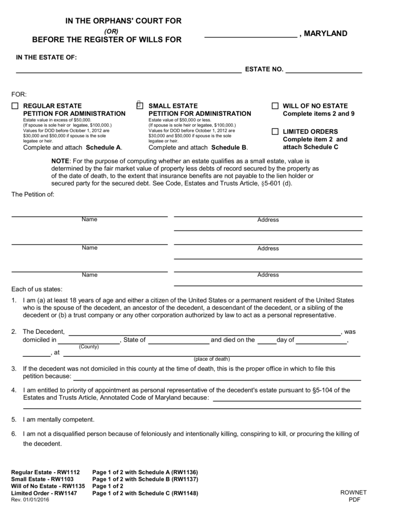 Free Maryland Small Estate Affidavit Form RW1103 PDF EForms