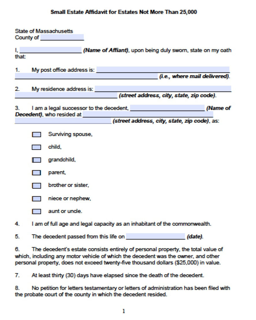 Free Massachusetts Small Estate Affidavit Form PDF Word