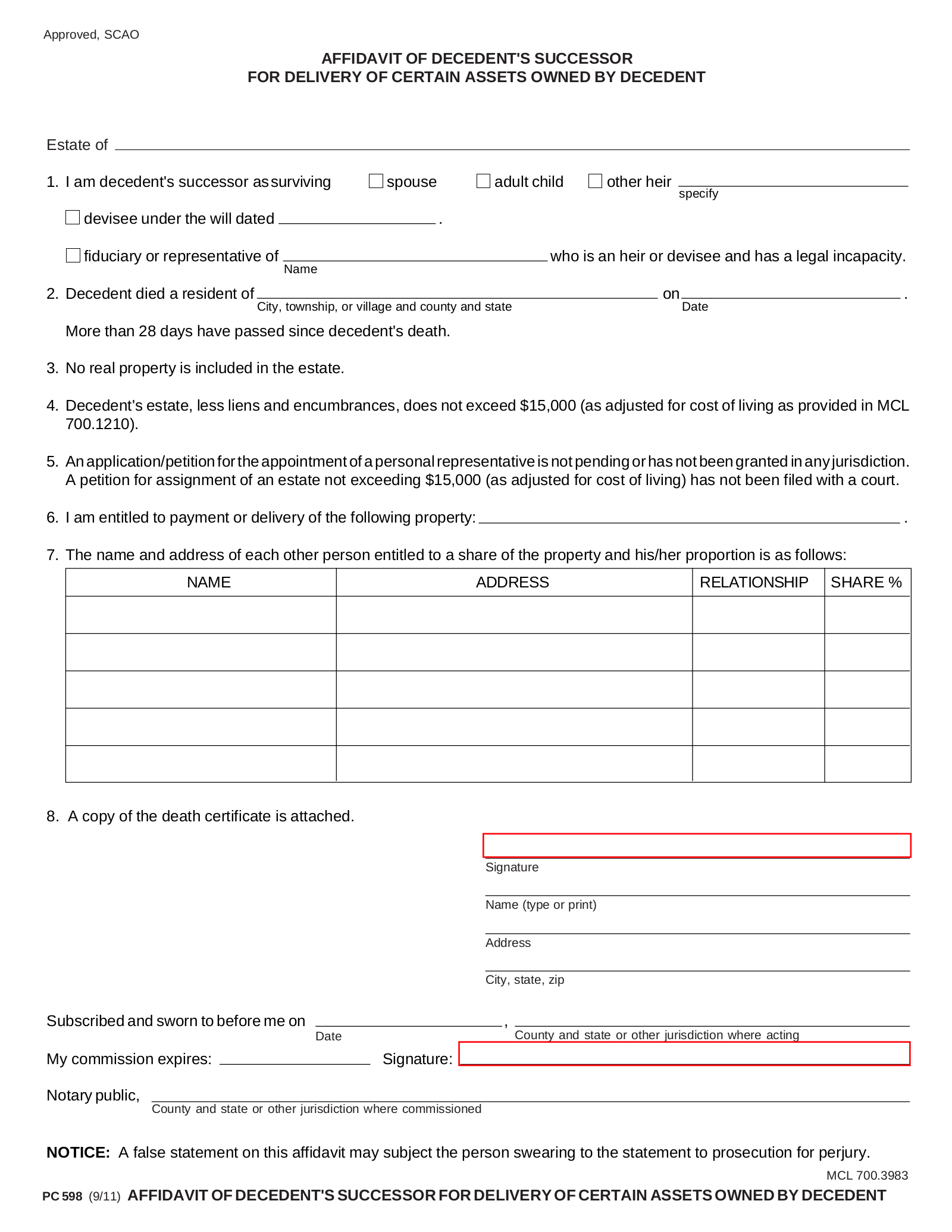 Free Michigan Small Estate Affidavit Form PC 598 PDF EForms