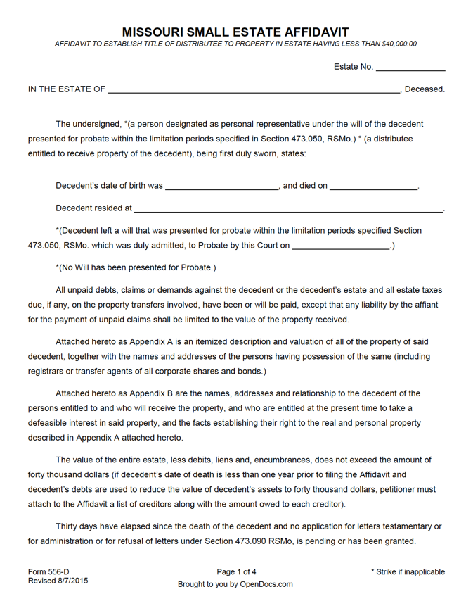 Free Missouri Small Estate Affidavit Form 556 D PDF