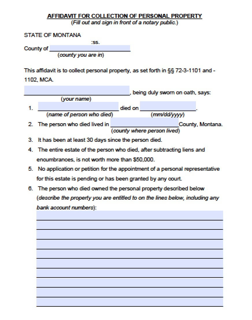 Free Montana Small Estate Affidavit Form PDF Word
