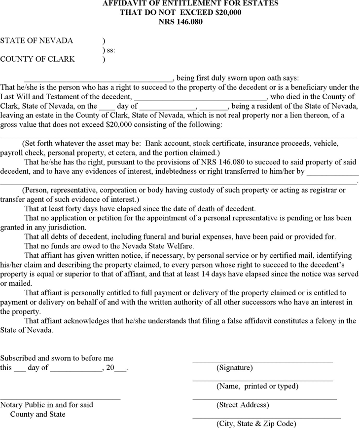 Free Nevada Affidavit Of Entitlement For Estates That Do Not Exceed 