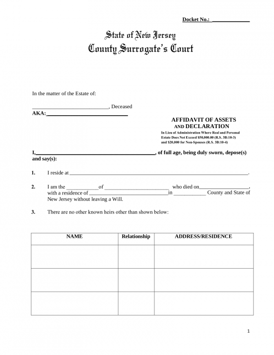 Free New Jersey Small Estate Affidavit Form Affidavit Of Assets And 