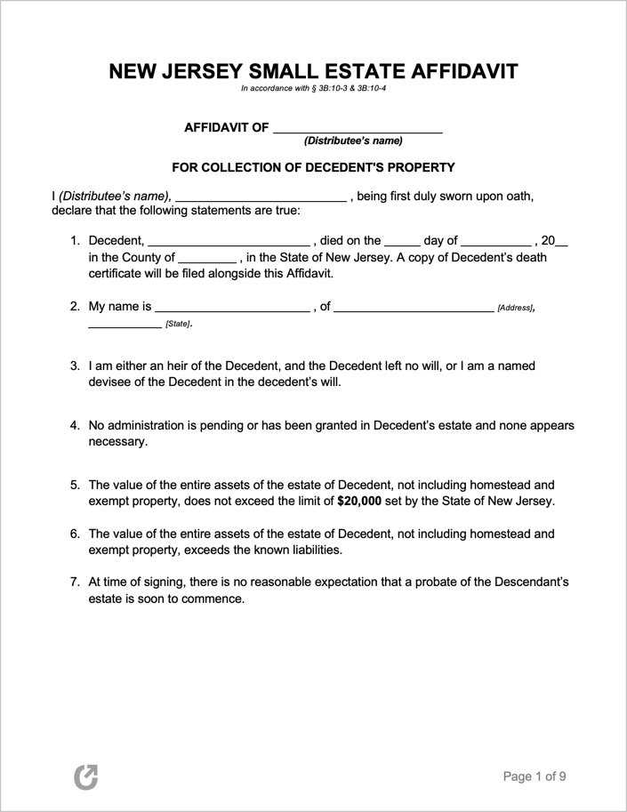 Free New Jersey Small Estate Affidavit Form PDF WORD