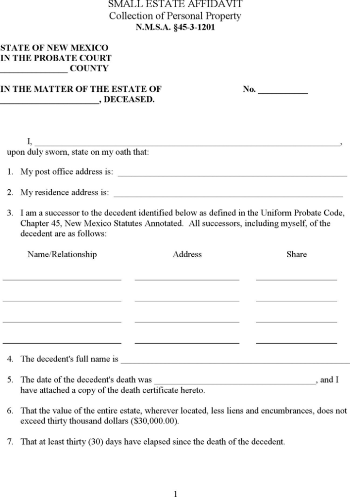 Free New Mexico Small Estate Affidavit Form PDF 7KB 2 Page s 
