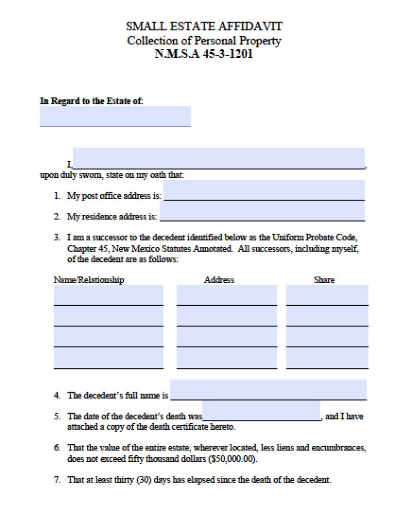 Free New Mexico Small Estate Affidavit Form PDF Word