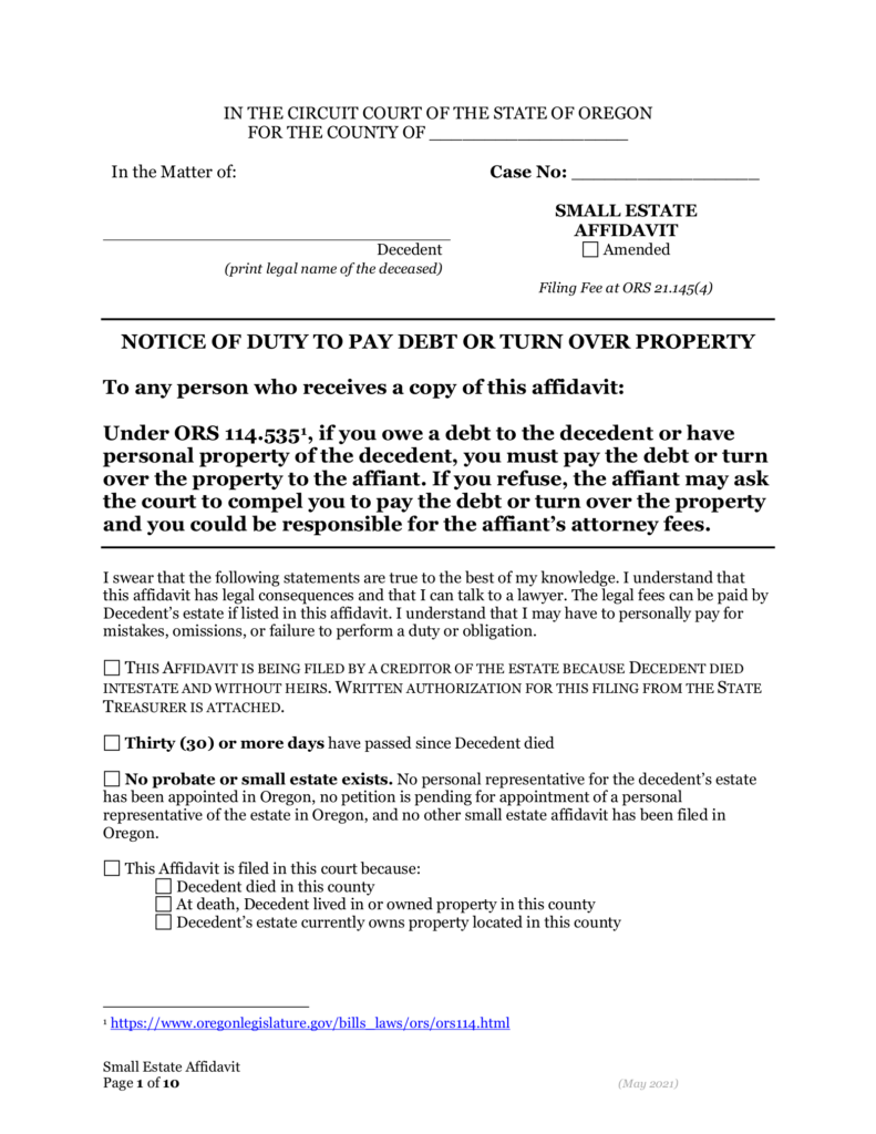 Free Oregon Small Estate Affidavit Affidavit Of Claiming Successor 