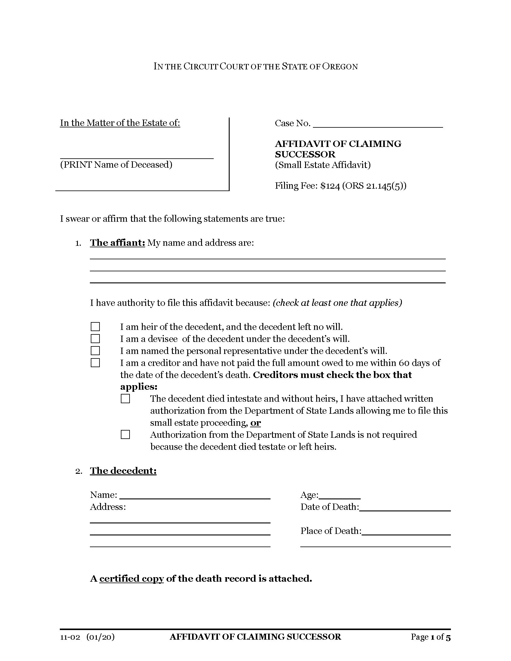 Free Oregon Small Estate Affidavit Form PDF Word