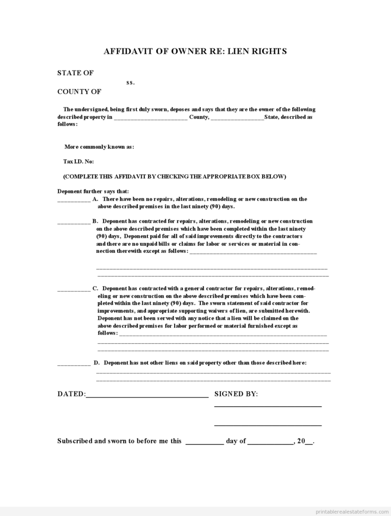 Free Printable AFFIDAVIT OF OWNERSHIP Options Form PDF 