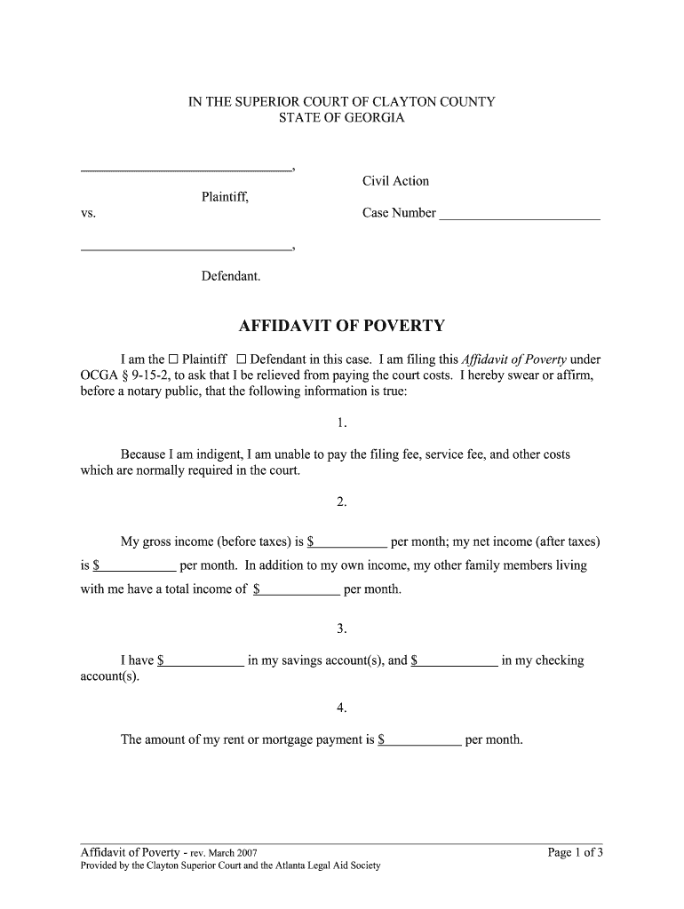 GA Affidavit Of Poverty Clayton County 2007 Fill And Sign Printable 