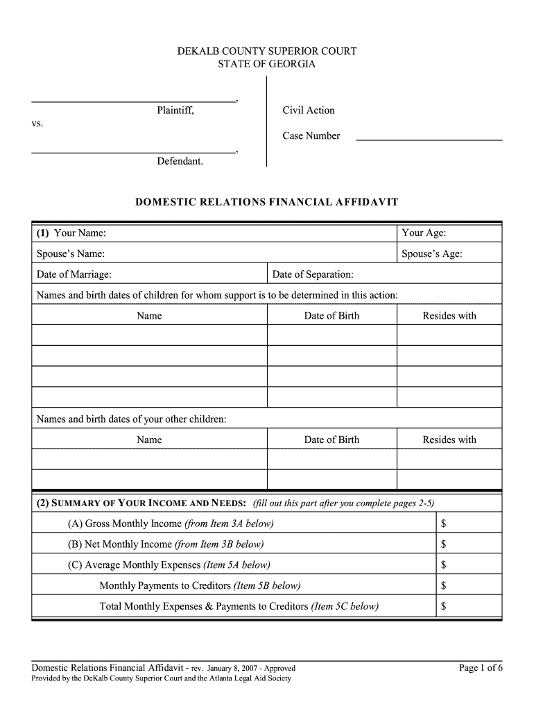 Georgia Domestic Relations Financial Affidavit Fillable Pdf Fill Out 