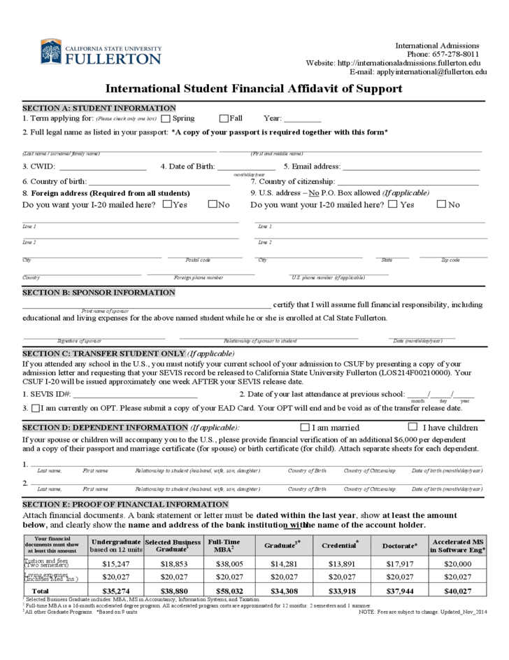 International Student Financial Affidavit Of Support California State