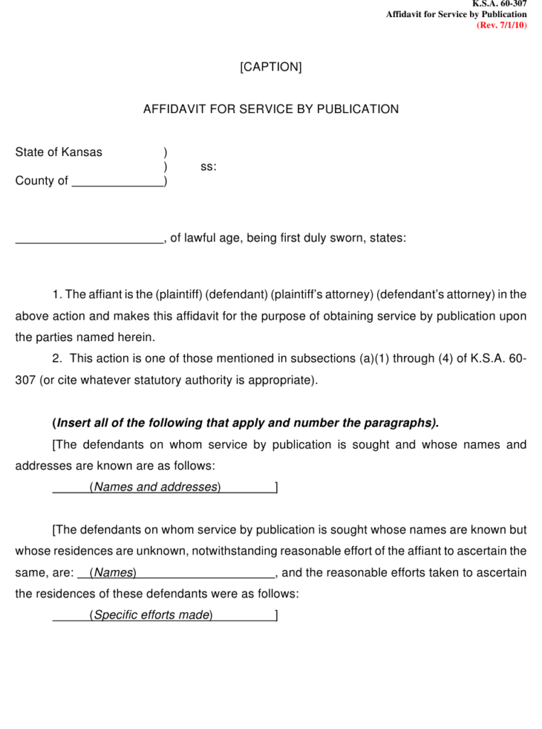 Kansas Affidavit For Service By Publication Download Printable PDF 