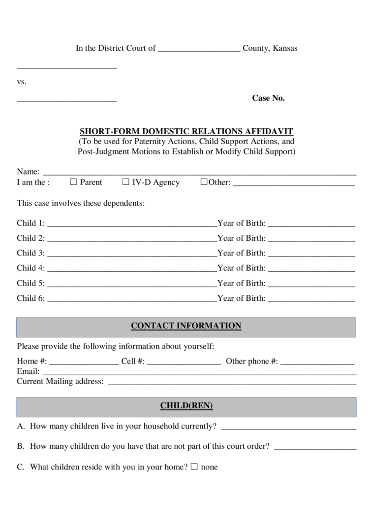Kansas Short Form Domestic Relations Affidavit Download Fillable PDF 