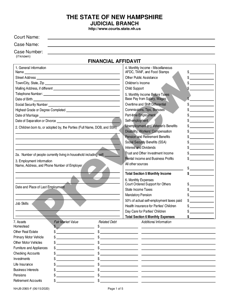 New Hampshire Financial Affidavit Financial Affidavit Nh US Legal Forms