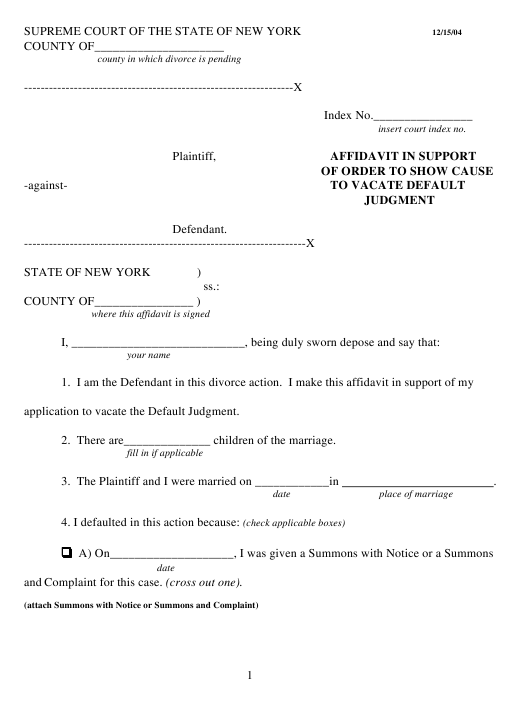 New York Affidavit In Support Of Order To Show Cause To Vacate Default