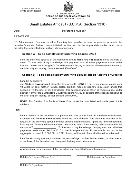 New York Small Estates Affidavit Form Download Printable PDF 