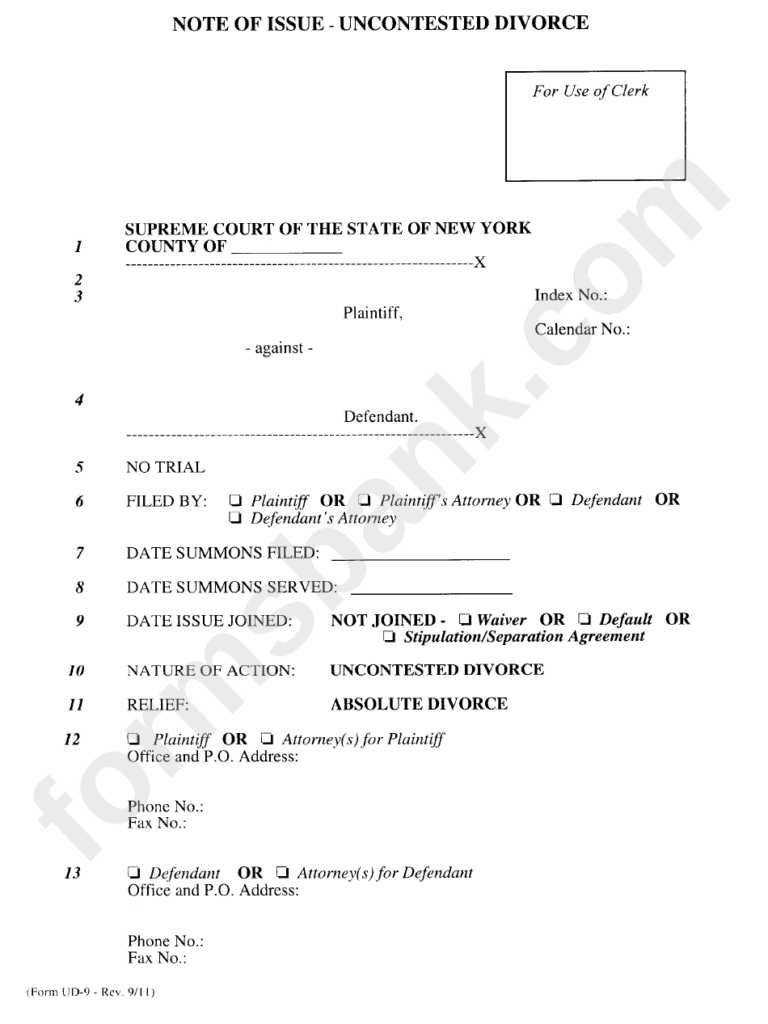 Note Of Issue Uncontested Divorce Printable Pdf Download