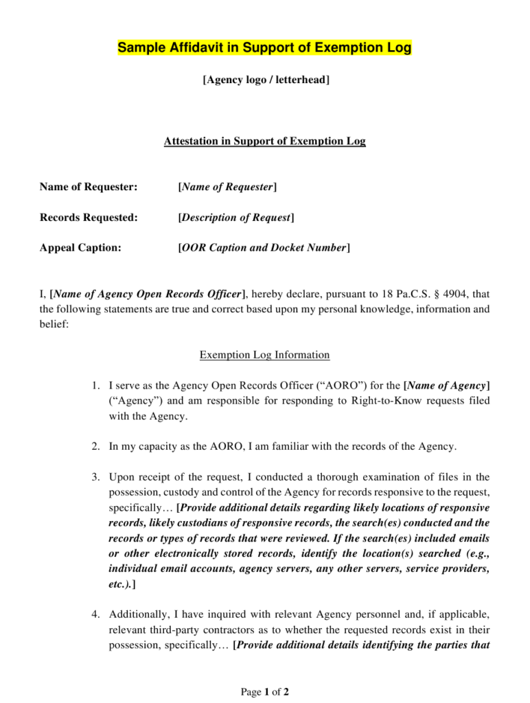 Pennsylvania Sample Affidavit In Support Of Exemption Log Download 