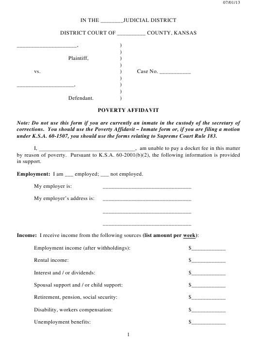 Poverty Affidavit Form Kansas Download Printable PDF Templateroller