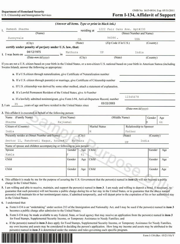 Sample Affidavit Of Support Form I134 2024