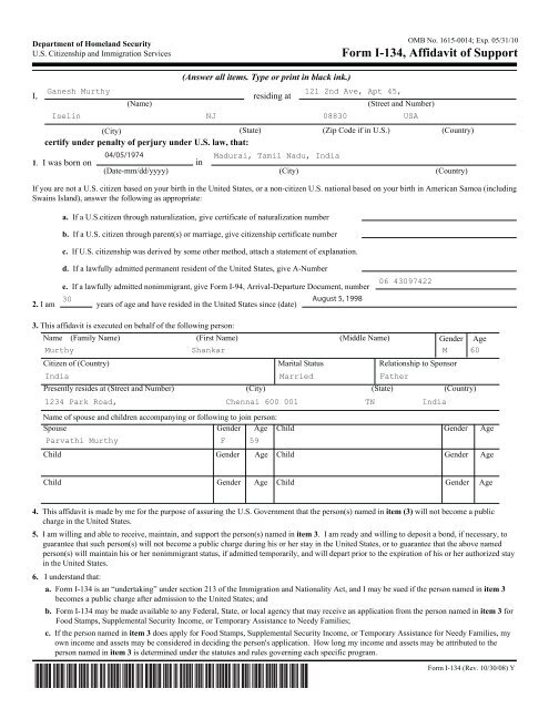 Sample Form I 134 Affidavit Of Support Immihelp