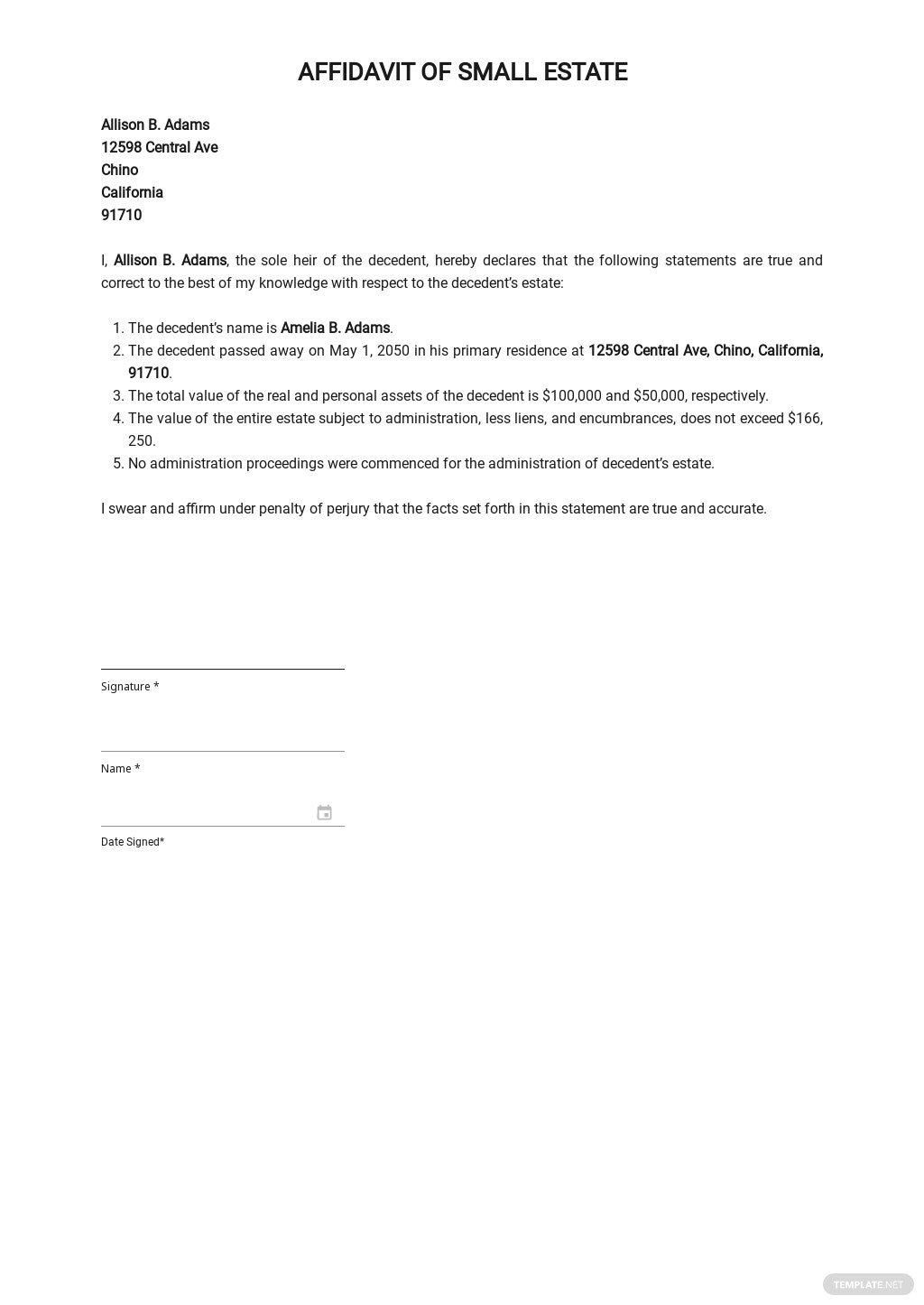 Sample Of Small Estate Affidavit Template Free PDF Google Docs 