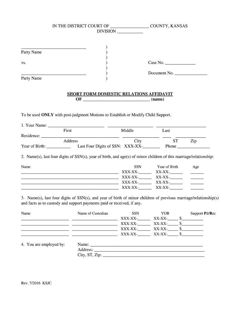 Short Domestic Relations Affidavit Form Fill Online Printable 