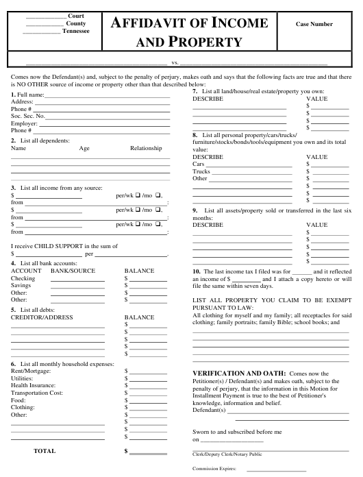 Tennessee Affidavit Of Income And Property Download Printable PDF 