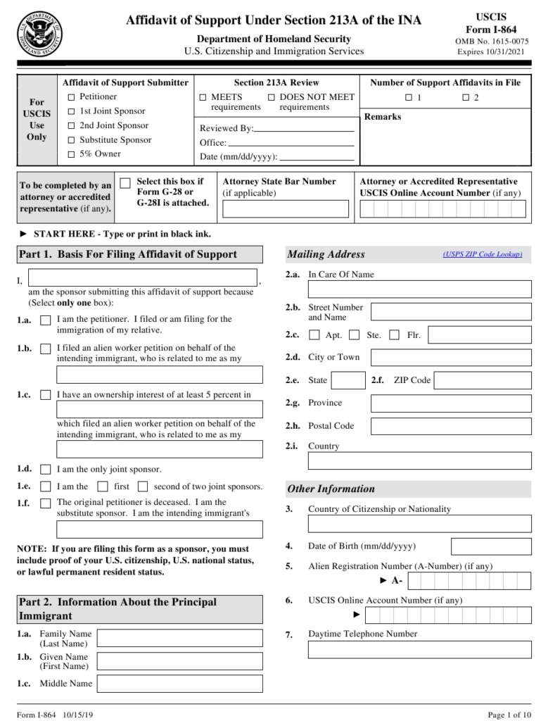 USCIS Form I 864 Download Fillable PDF Or Fill Online Affidavit Of 