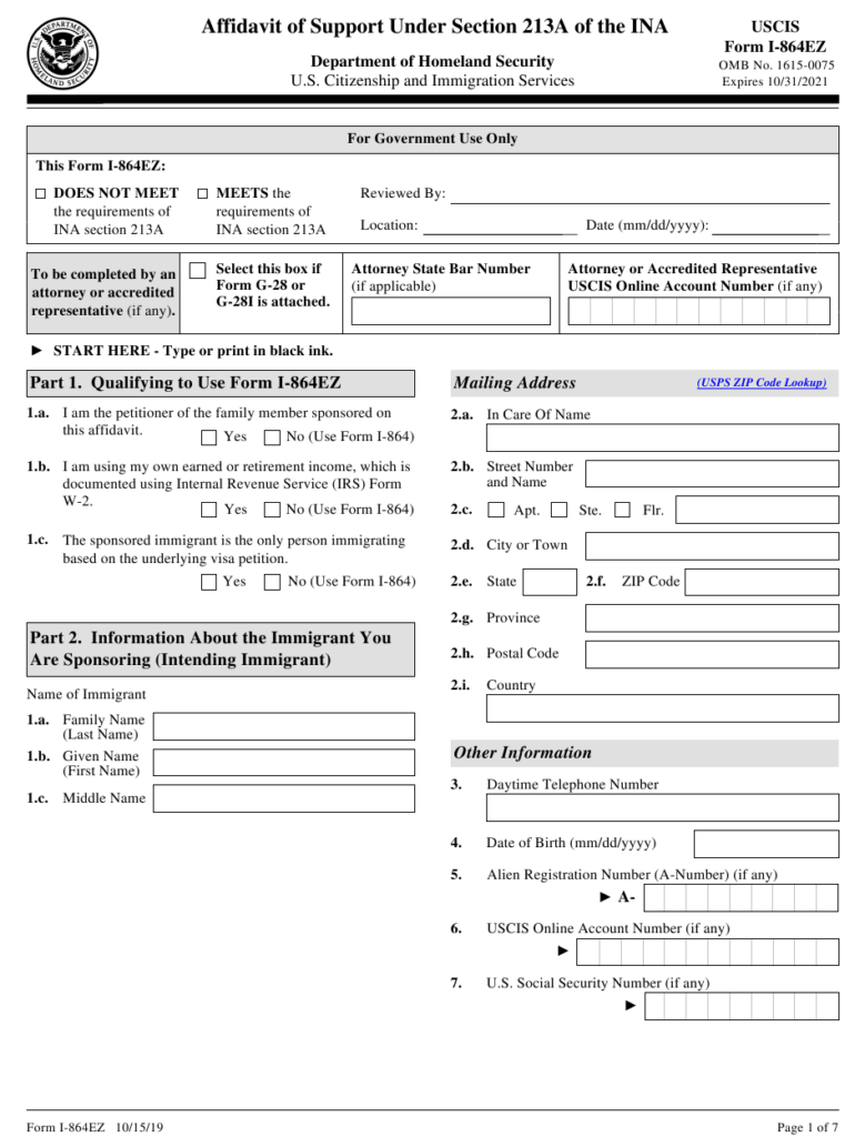 USCIS Form I 864EZ Download Fillable PDF Or Fill Online Affidavit Of 