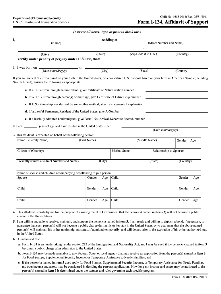 2010 Form USCIS I 134 Fill Online Printable Fillable Blank PdfFiller