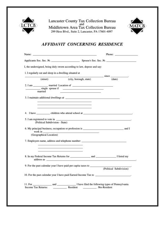 Affidavit Concerning Residence Form Lctcb And Matcb Printable Pdf 