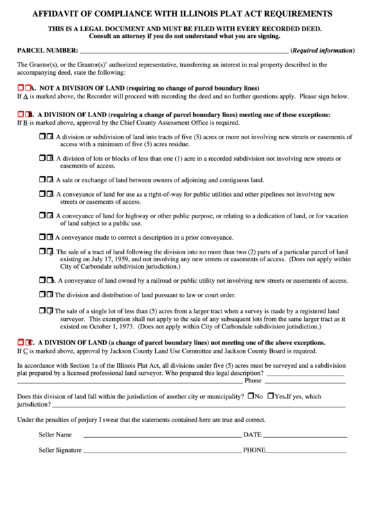 Affidavit Of Compliance With Illinois Plat Act Requirements Illinois 