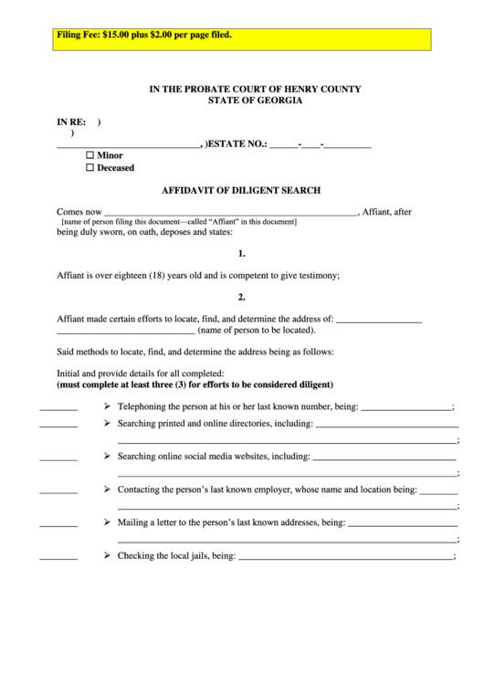 Affidavit Of Diligent Search Henry County Probate Court Printable Pdf 