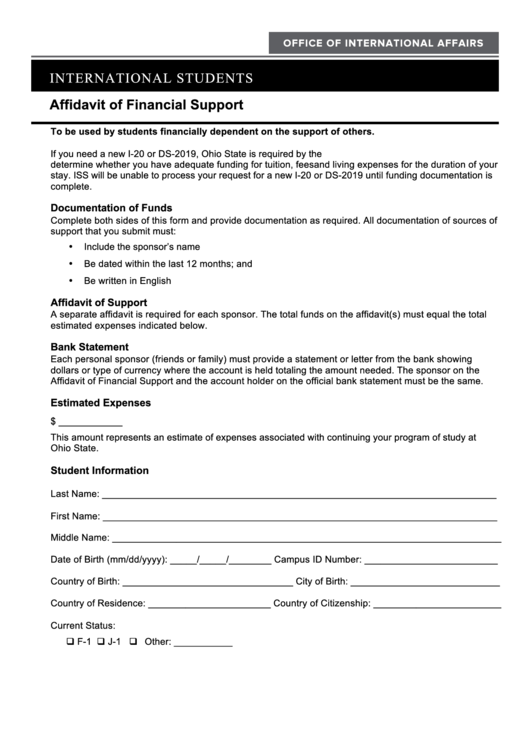 Affidavit Of Financial Support Form International Students Printable 