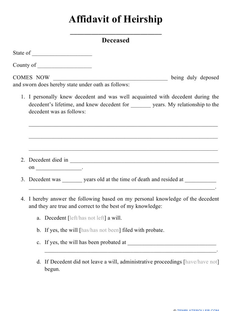 Affidavit Of Heirship Form Download Printable PDF Templateroller