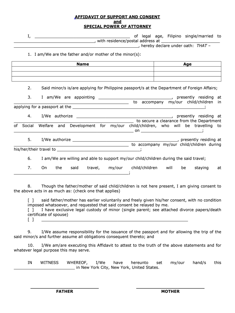 Affidavit Of Support And Consent Philippines Fill Online Printable 