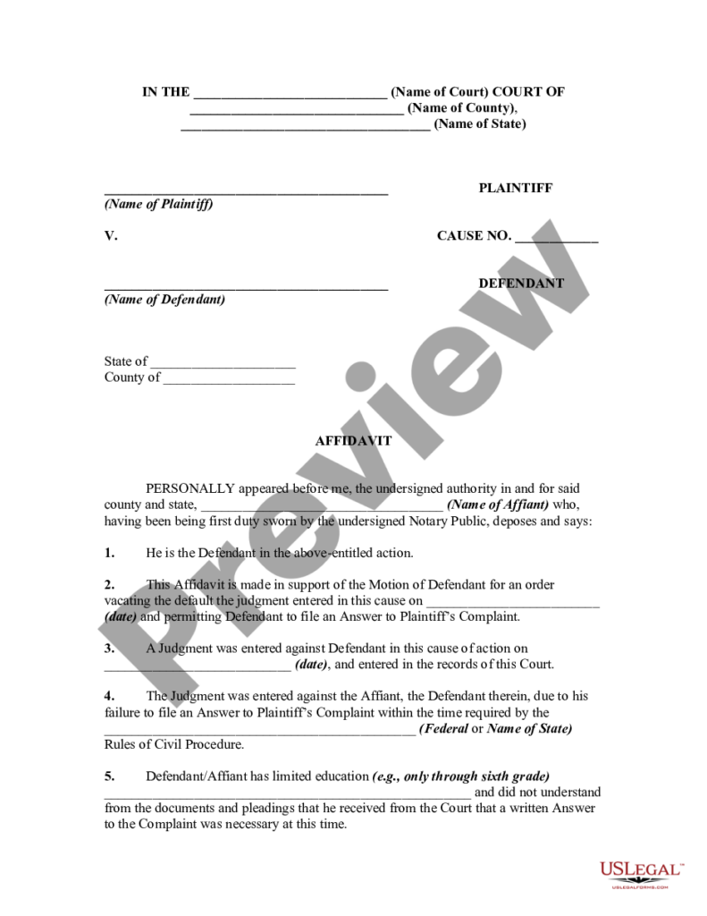Affidavit Supporting Notice Of Motion For Vacation Or Setting Aside Of 