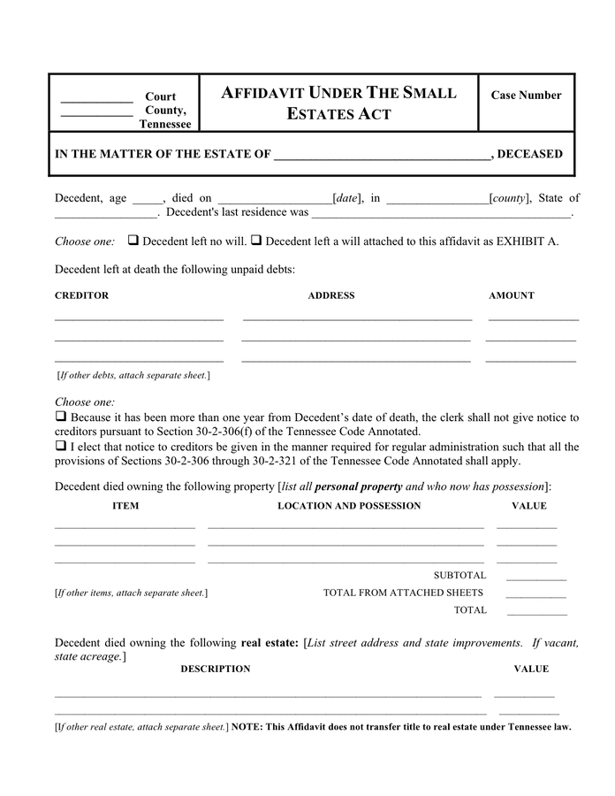 Affidavit Under The Small Estates Act Tennessee In Word And Pdf Formats
