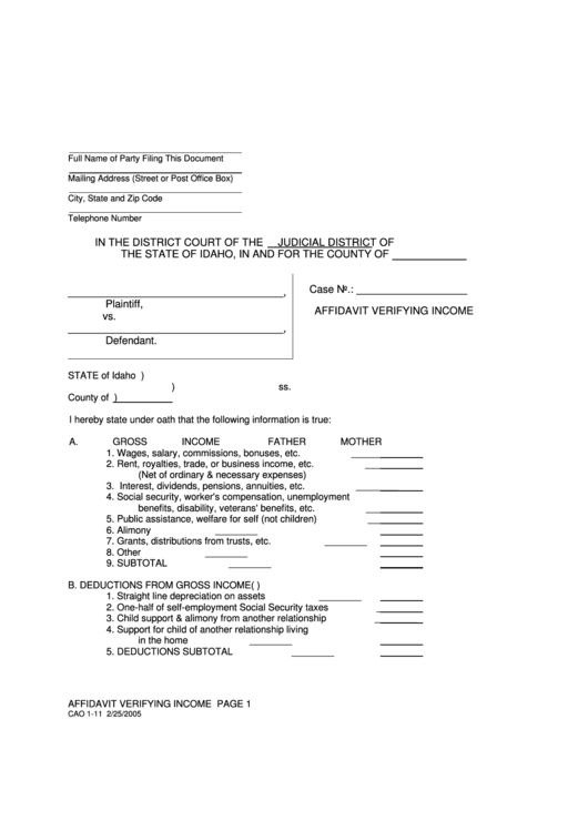 Affidavit Verifying Income Printable Pdf Download