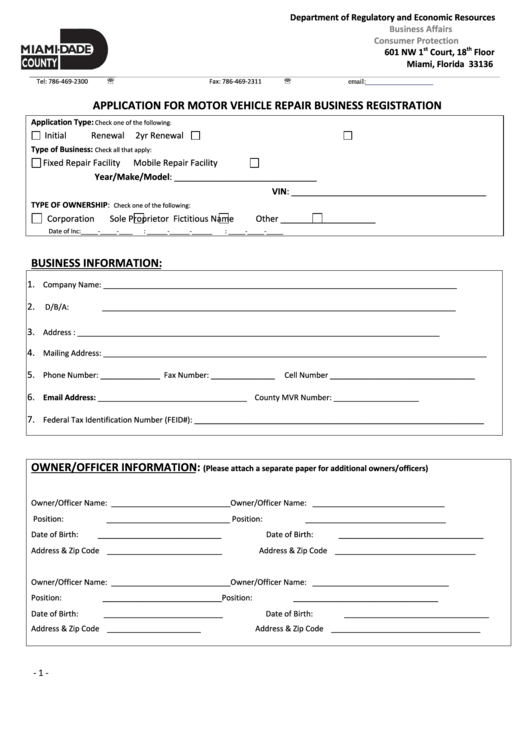 Application For Motor Vehicle Repair Business Form Miami Dade County 