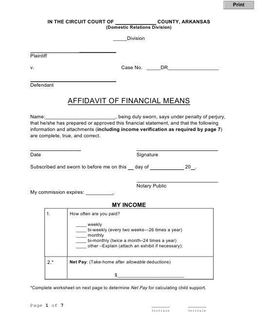 Arkansas Affidavit Of Financial Means Download Fillable PDF 