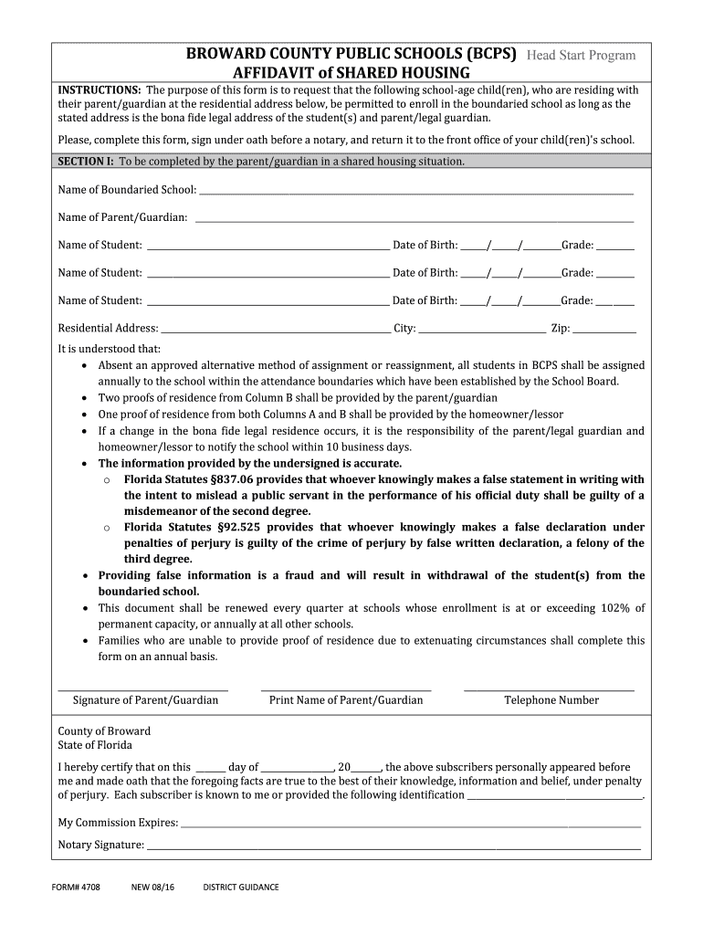  BCPS AFFIDAVIT Of SHARED HOUSING Broward Schools Fill And Sign 